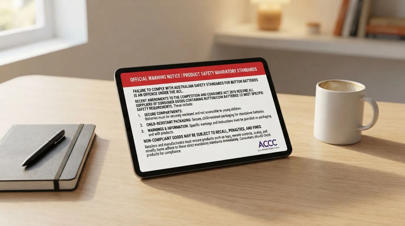 A tablet screen displaying an official regulator warning notice on a desk beside a coffee cup.