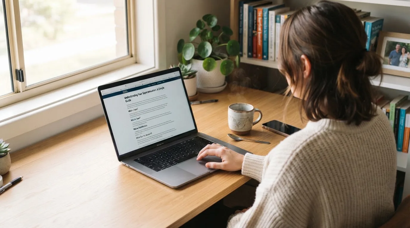 A person at a laptop reading a plain-language explainer article at a home desk.