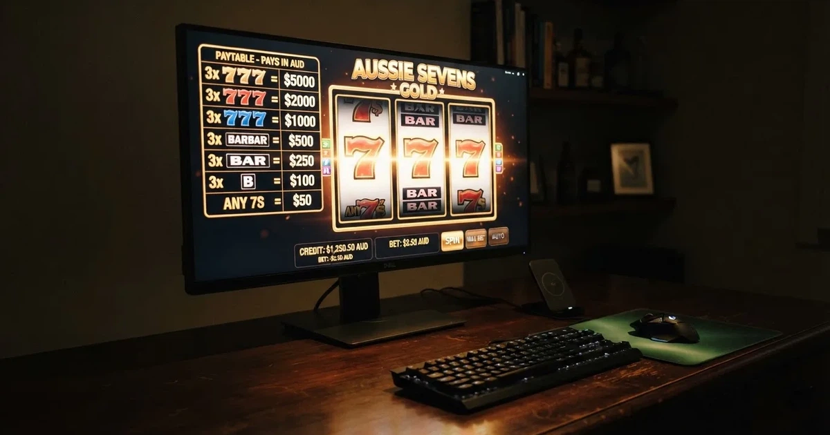 A slot machine's paytable screen glowing on a monitor in a dim room.