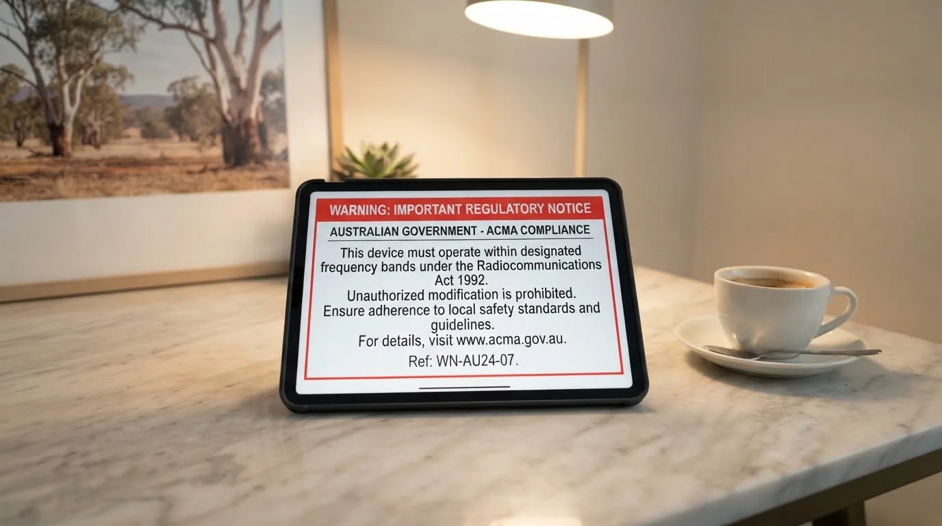 A tablet screen displaying an official regulator warning notice on a desk beside a coffee cup.