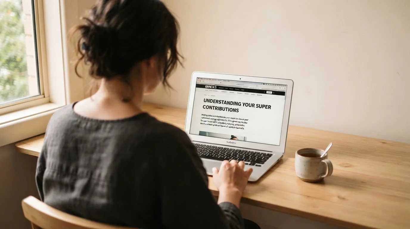 A person at a laptop reading a plain-language explainer article at a home desk.