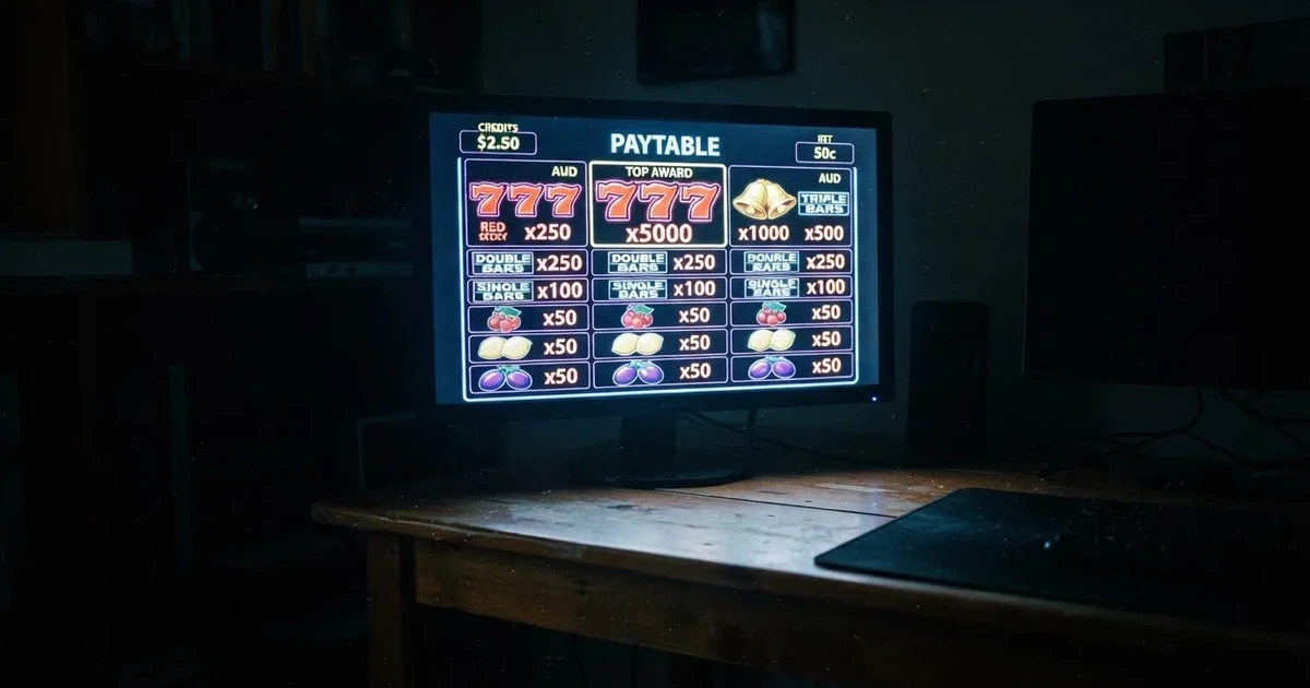 A slot machine's paytable screen glowing on a monitor in a dim room.