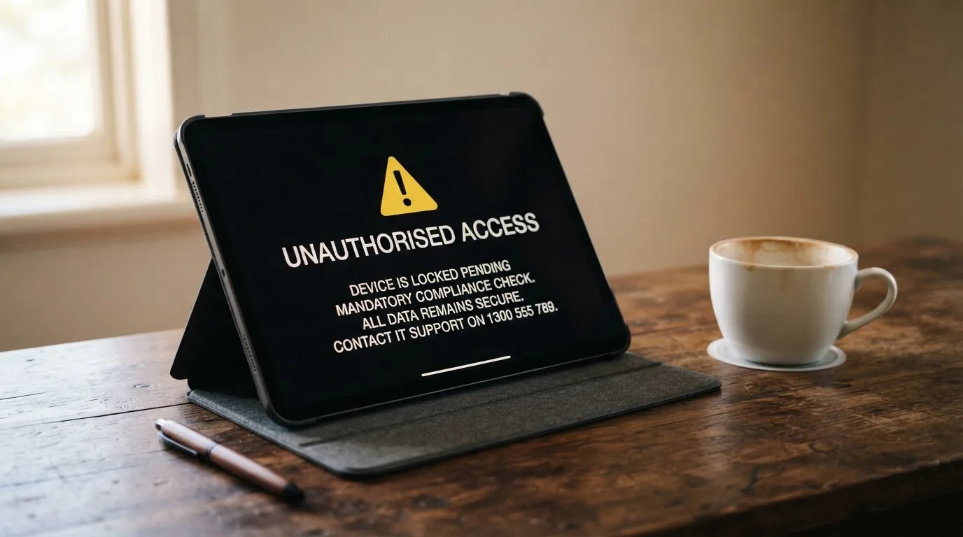 A tablet screen displaying an official regulator warning notice on a desk beside a coffee cup.