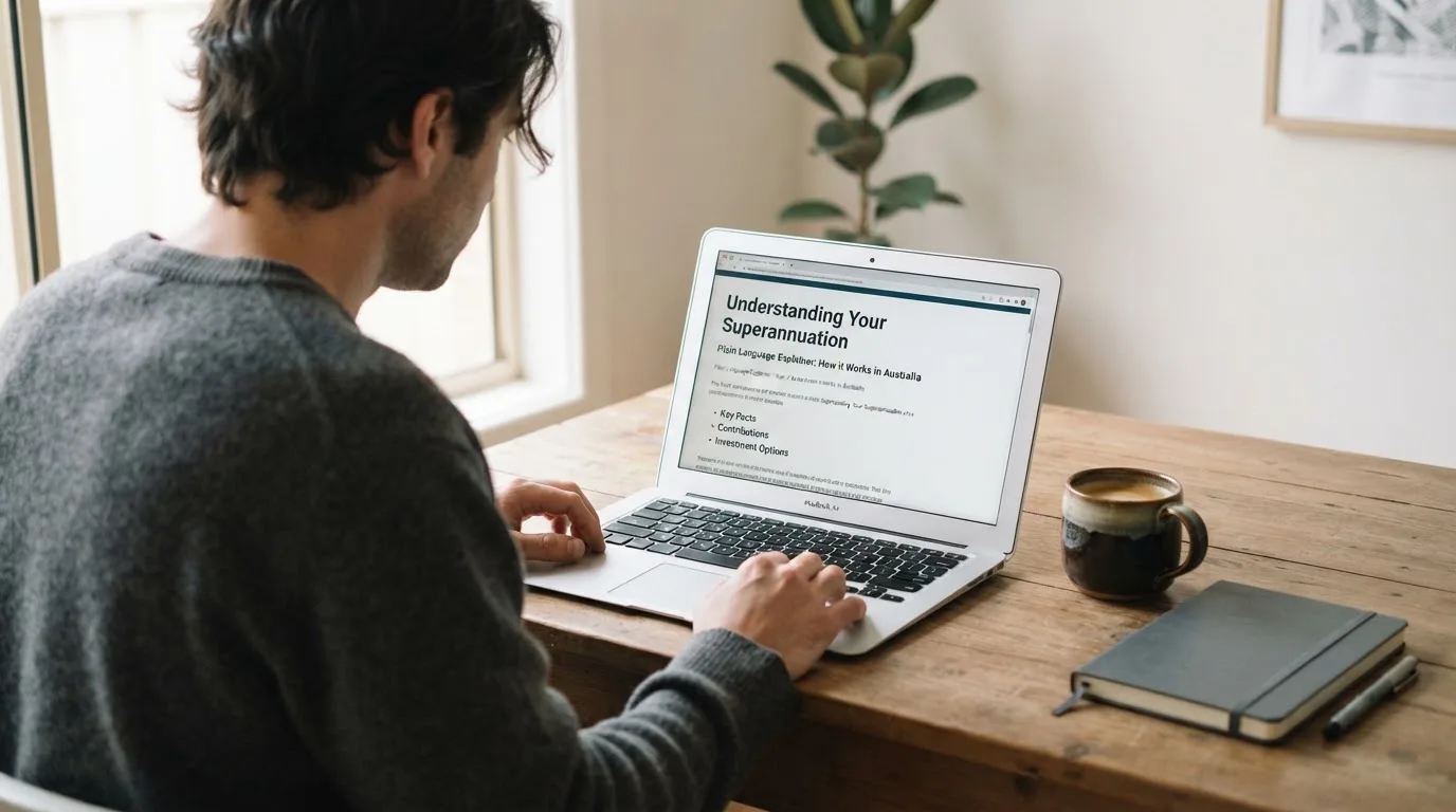 A person at a laptop reading a plain-language explainer article at a home desk.