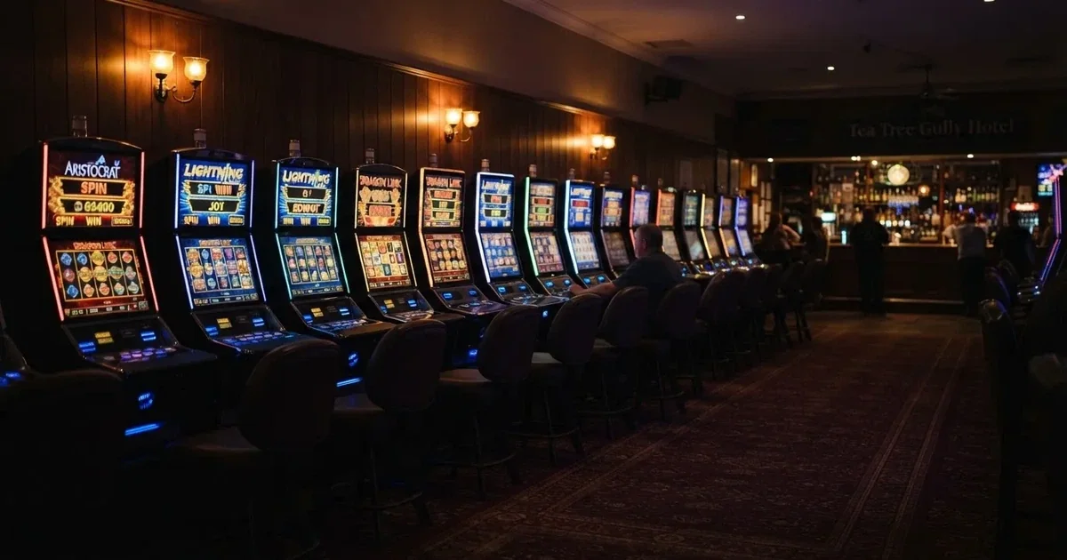 Rows of electronic gaming machines lit up inside a suburban pub near Adelaide's CBD.
