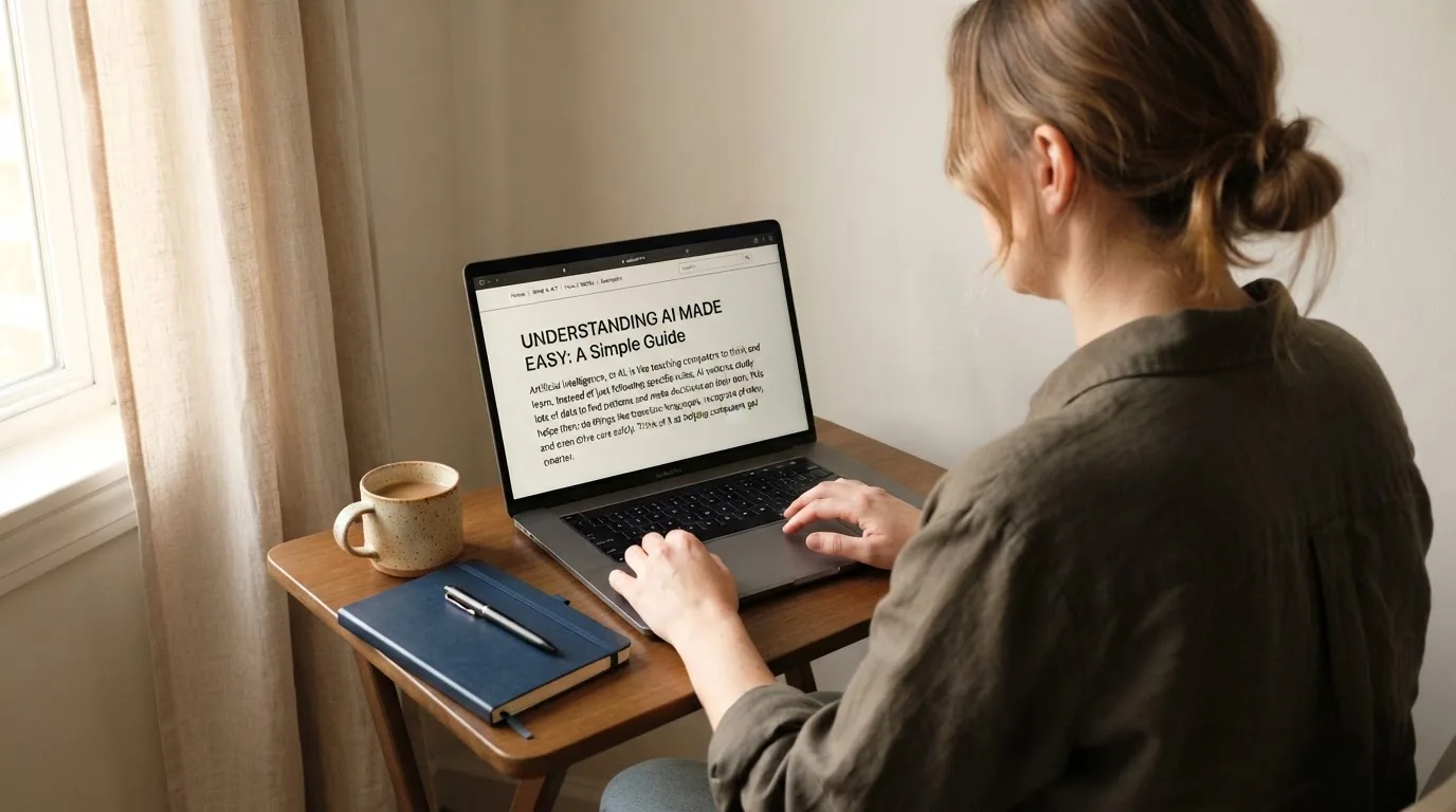 A person at a laptop reading a plain-language explainer article at a home desk.