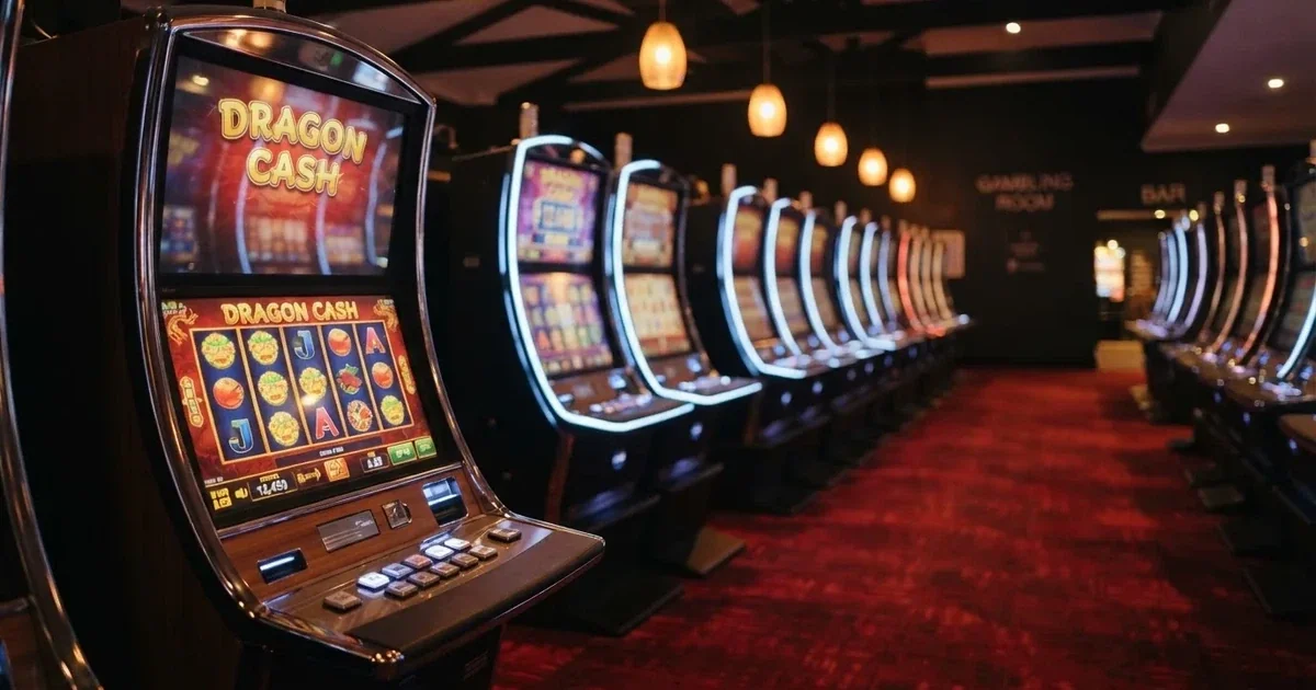 A row of gaming machines inside a licensed club in suburban Brisbane.