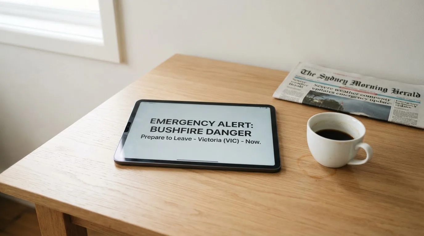 A tablet screen displaying an official regulator warning notice on a desk beside a coffee cup.