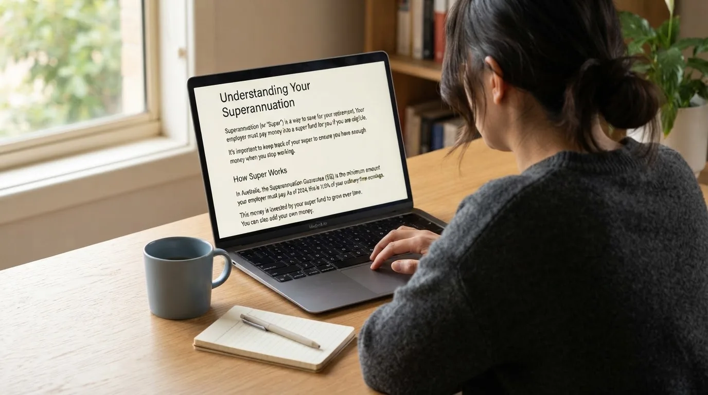 A person at a laptop reading a plain-language explainer article at a home desk.