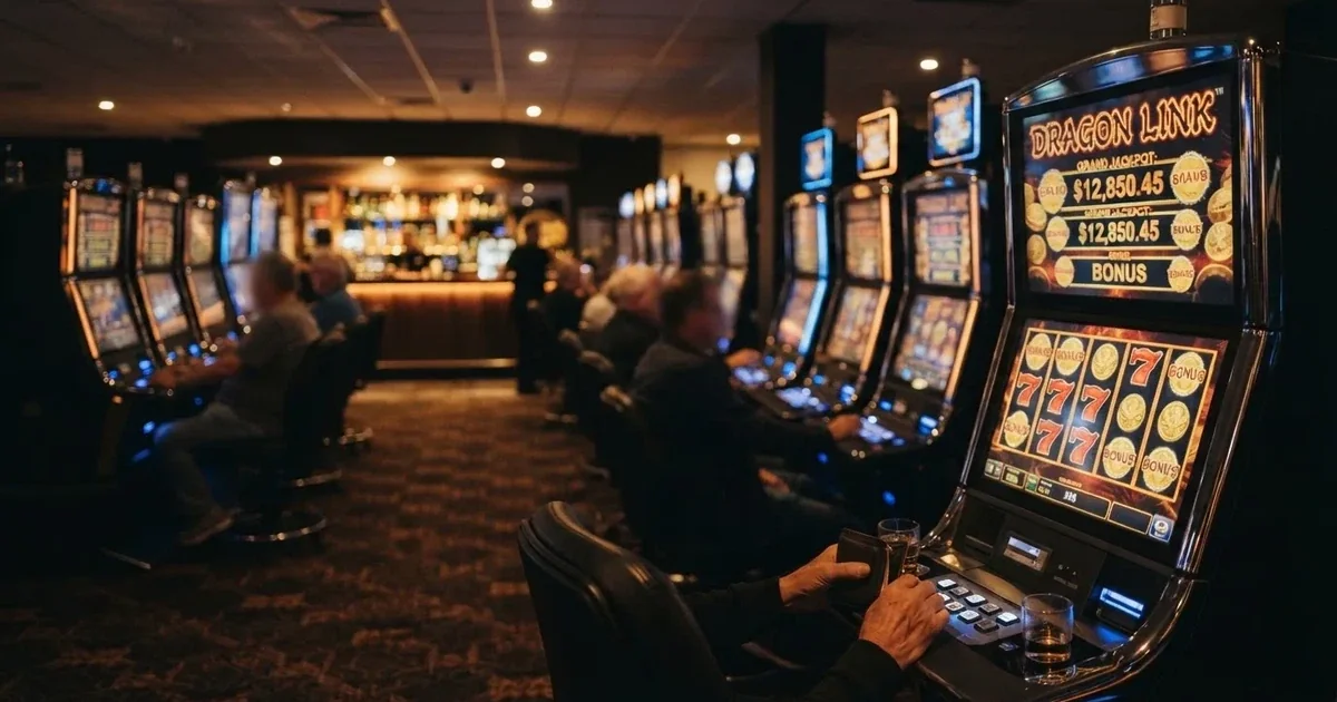 Gaming machines lined up inside a licensed club in central Canberra.