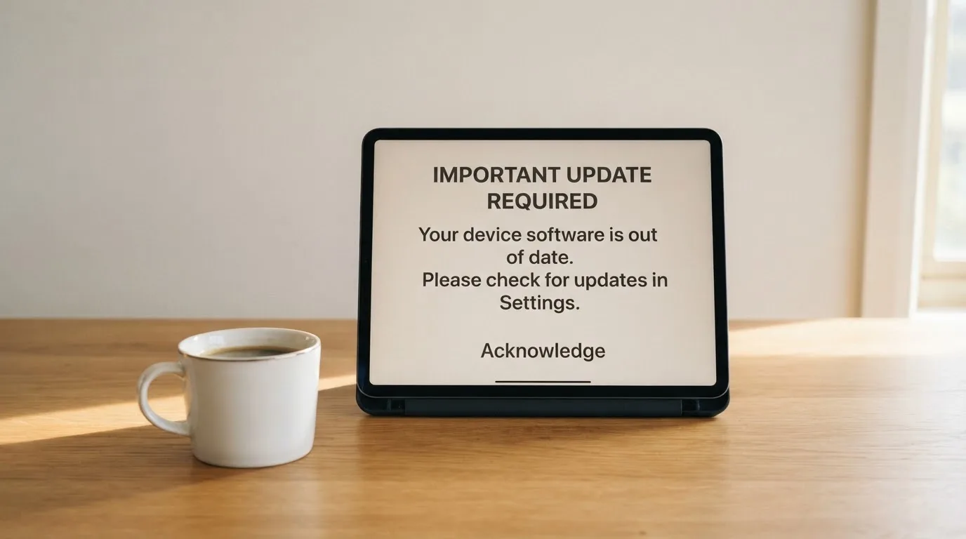 A tablet screen displaying an official regulator warning notice on a desk beside a coffee cup.