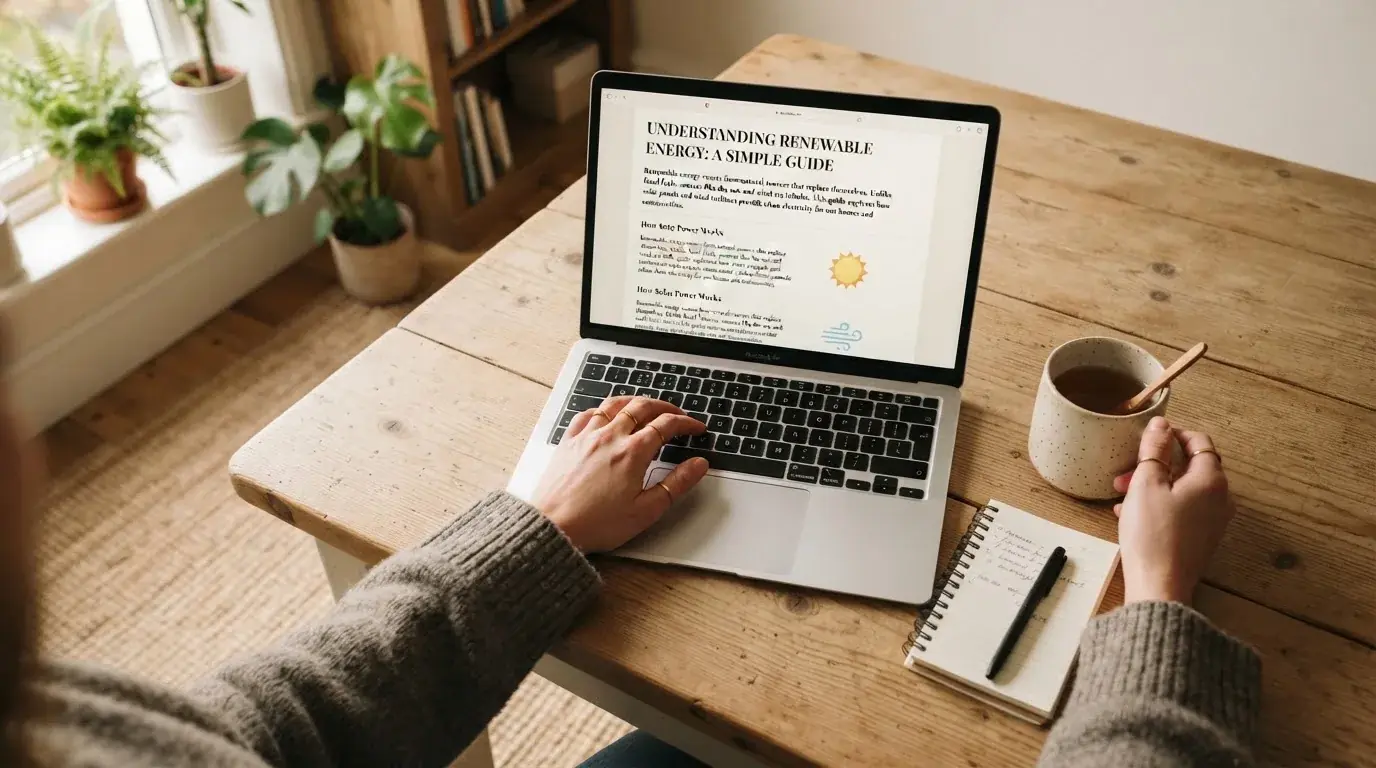 A person at a laptop reading a plain-language explainer article at a home desk.