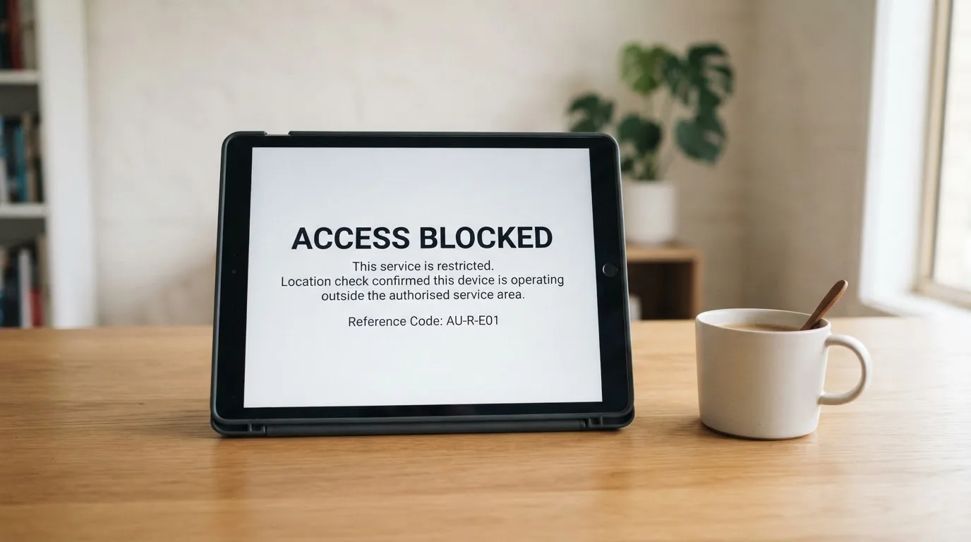 A tablet screen displaying an official regulator warning notice on a desk beside a coffee cup.