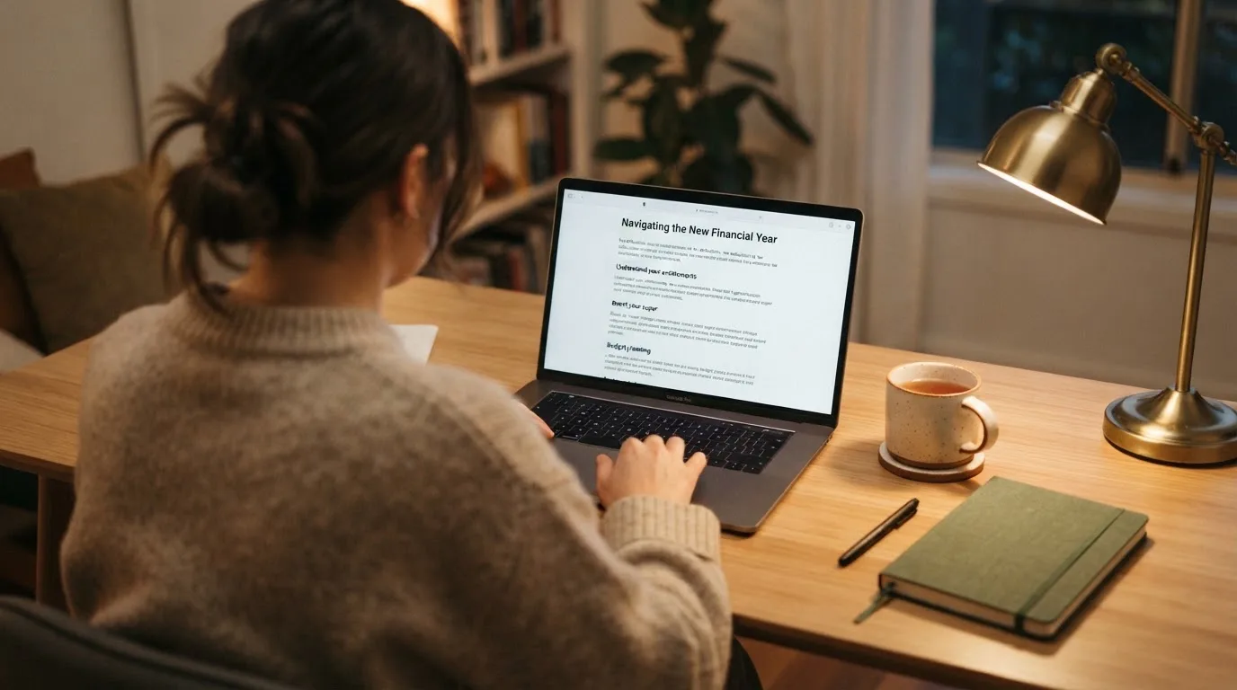 A person at a laptop reading a plain-language explainer article at a home desk.