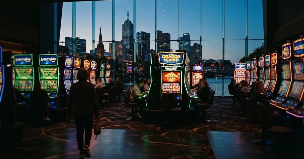 A gaming floor with rows of electronic machines beside the Yarra River in Melbourne.