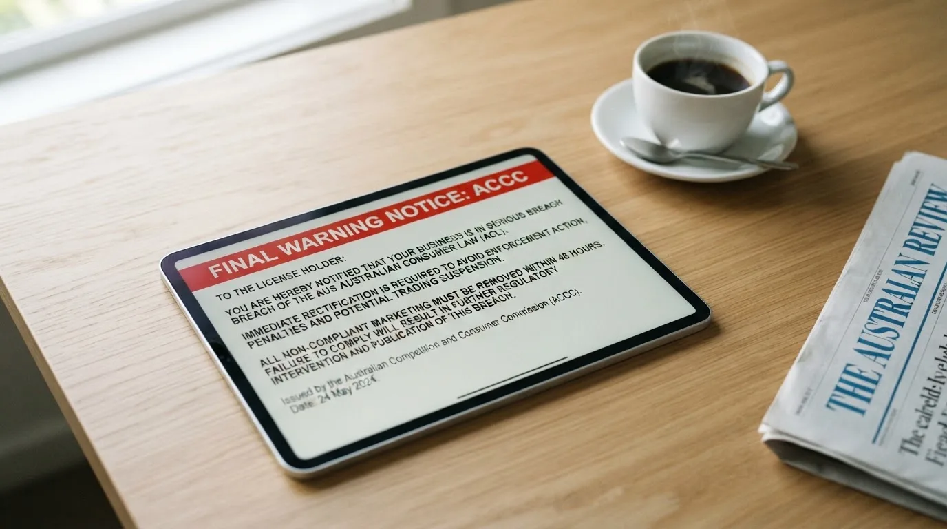 A tablet screen displaying an official regulator warning notice on a desk beside a coffee cup.