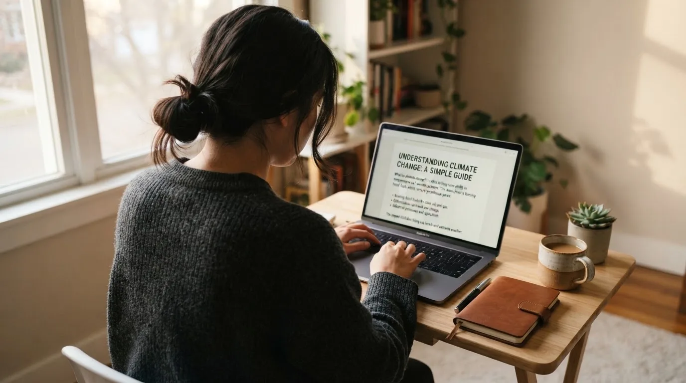 A person at a laptop reading a plain-language explainer article at a home desk.
