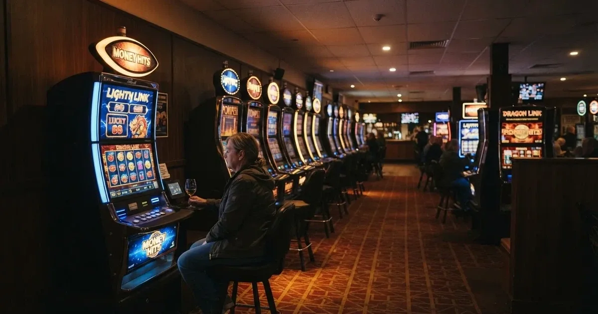 A row of gaming machines inside a suburban registered club in regional New South Wales.
