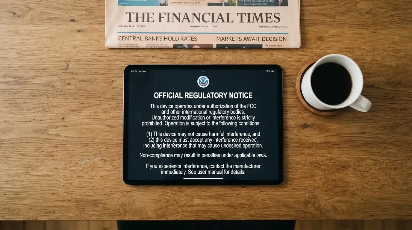 A tablet screen displaying an official regulator warning notice on a desk beside a coffee cup.