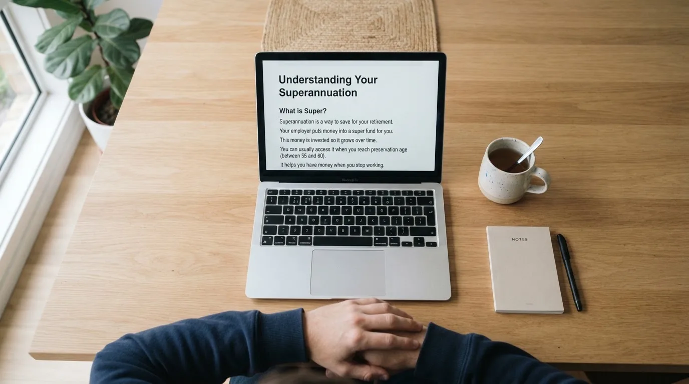 A person at a laptop reading a plain-language explainer article at a home desk.