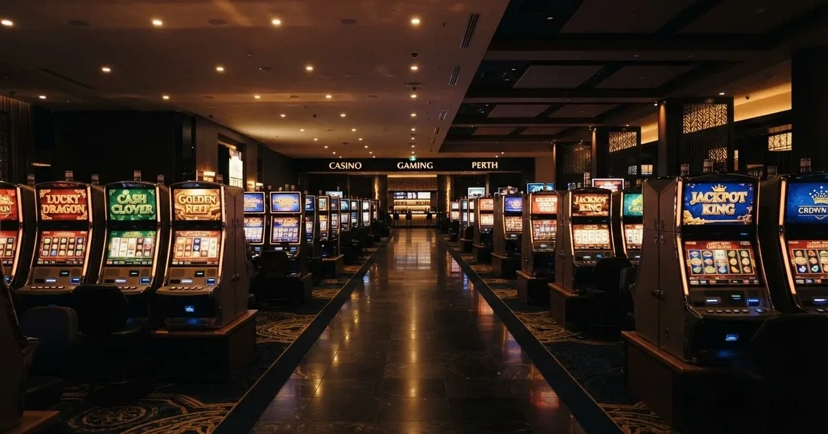 A casino resort gaming floor with rows of electronic machines in Perth.