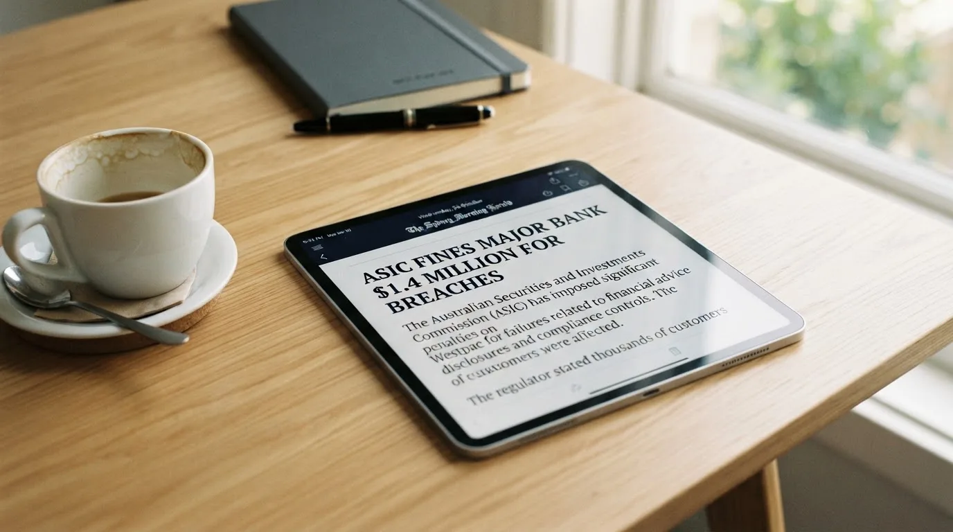A tablet screen displaying an official regulator warning notice on a desk beside a coffee cup.