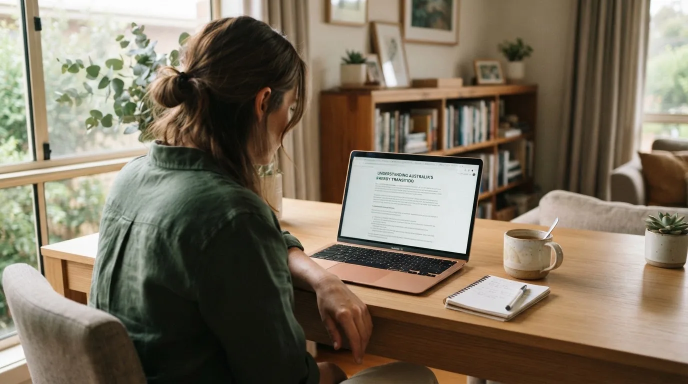 A person at a laptop reading a plain-language explainer article at a home desk.