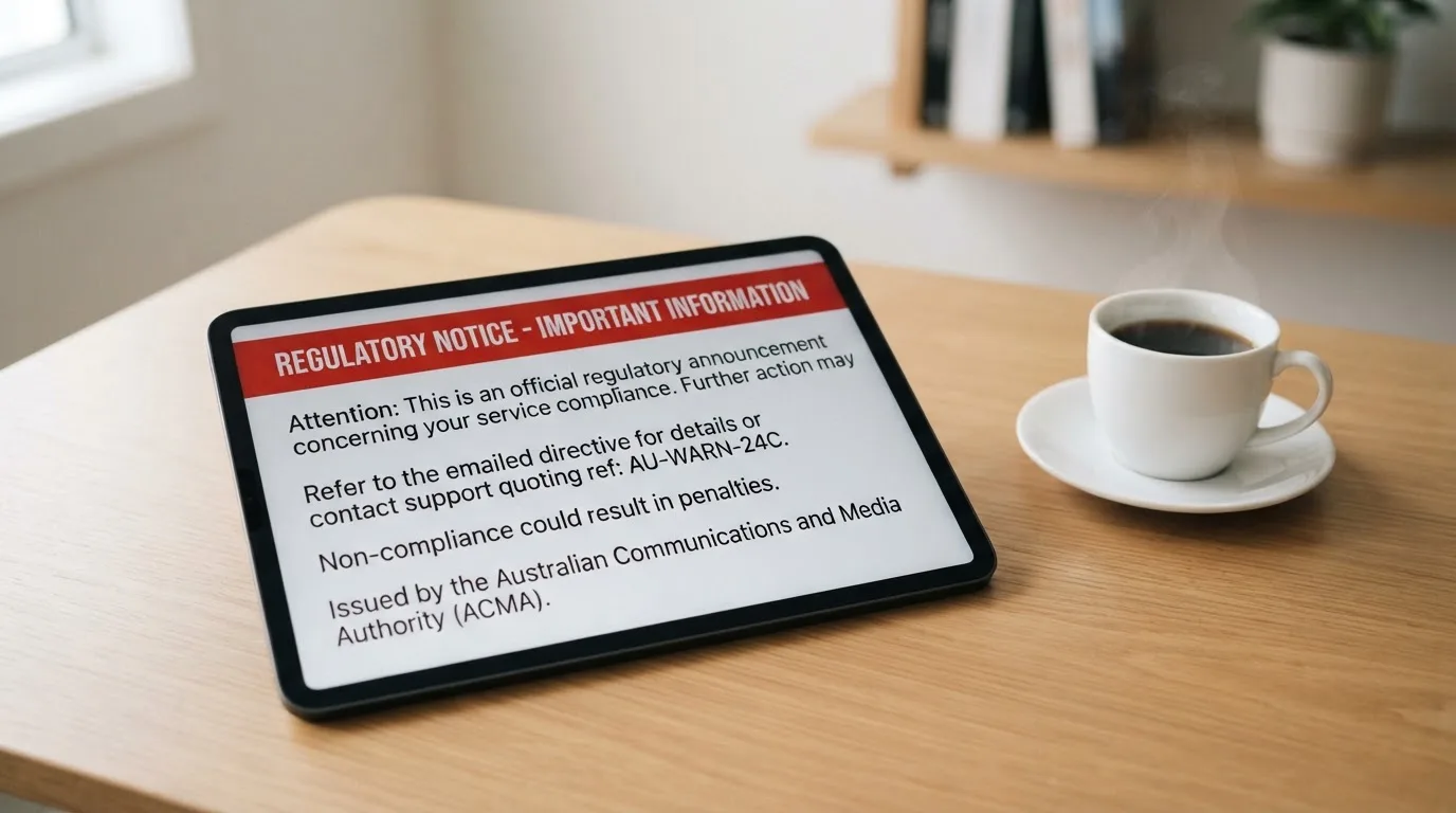 A tablet screen displaying an official regulator warning notice on a desk beside a coffee cup.