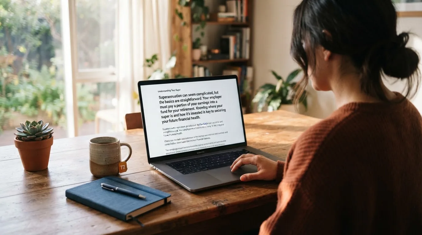 A person at a laptop reading a plain-language explainer article at a home desk.