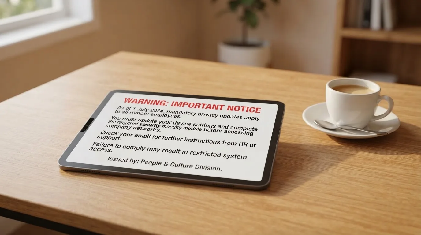 A tablet screen displaying an official regulator warning notice on a desk beside a coffee cup.