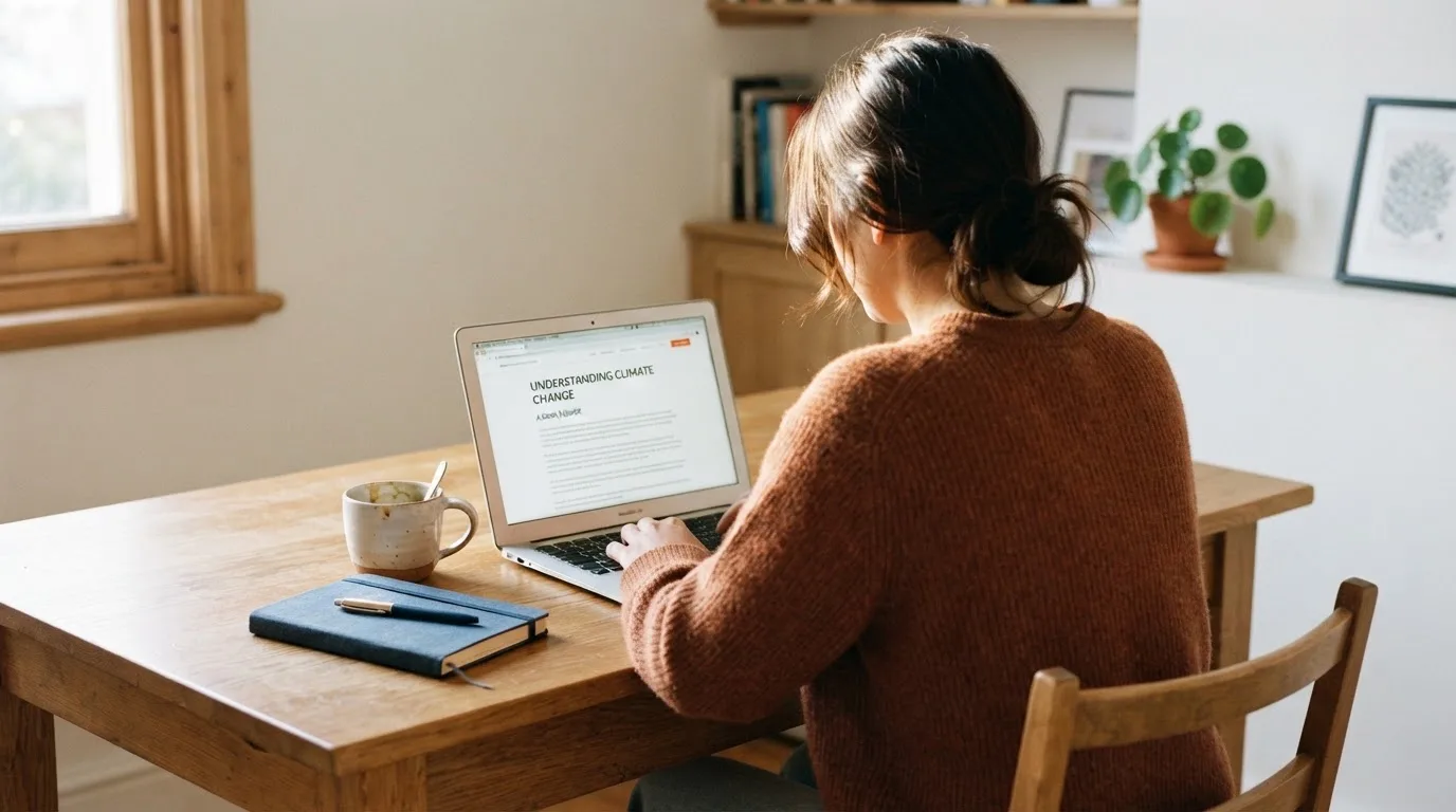 A person at a laptop reading a plain-language explainer article at a home desk.