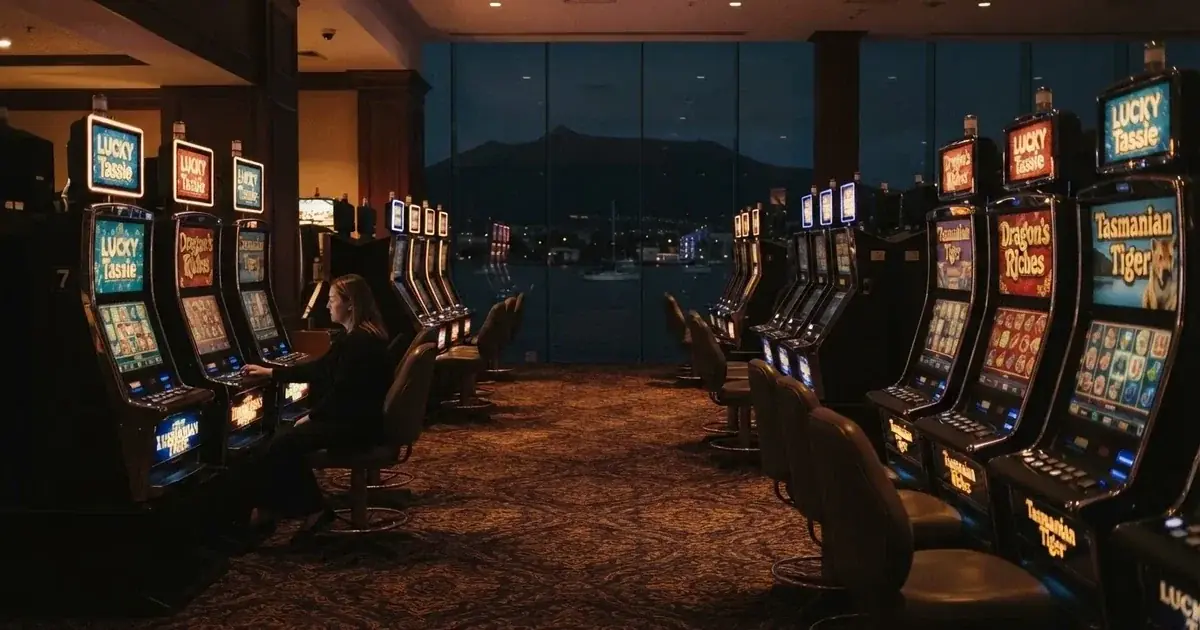 A quiet casino gaming floor inside a waterfront resort in Hobart.