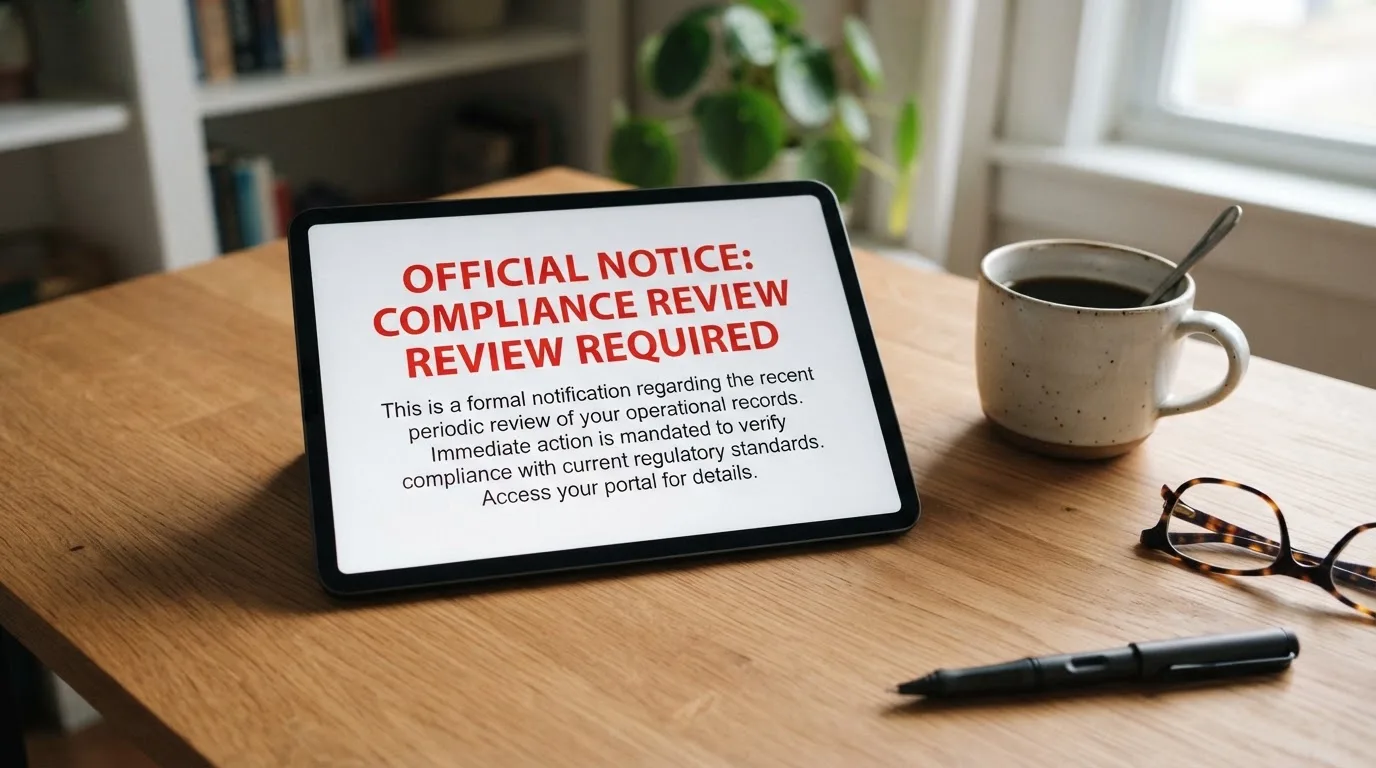 A tablet screen displaying an official regulator warning notice on a desk beside a coffee cup.