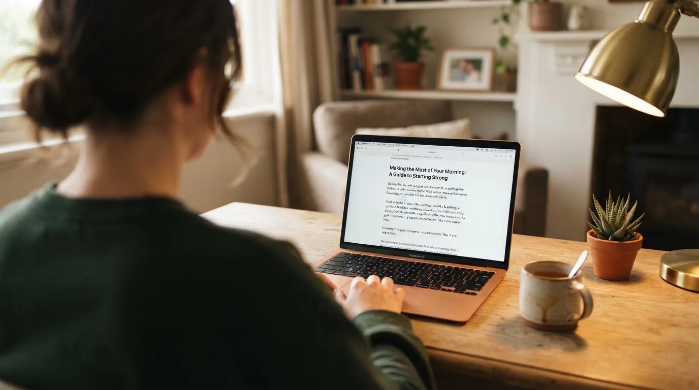 A person at a laptop reading a plain-language explainer article at a home desk.