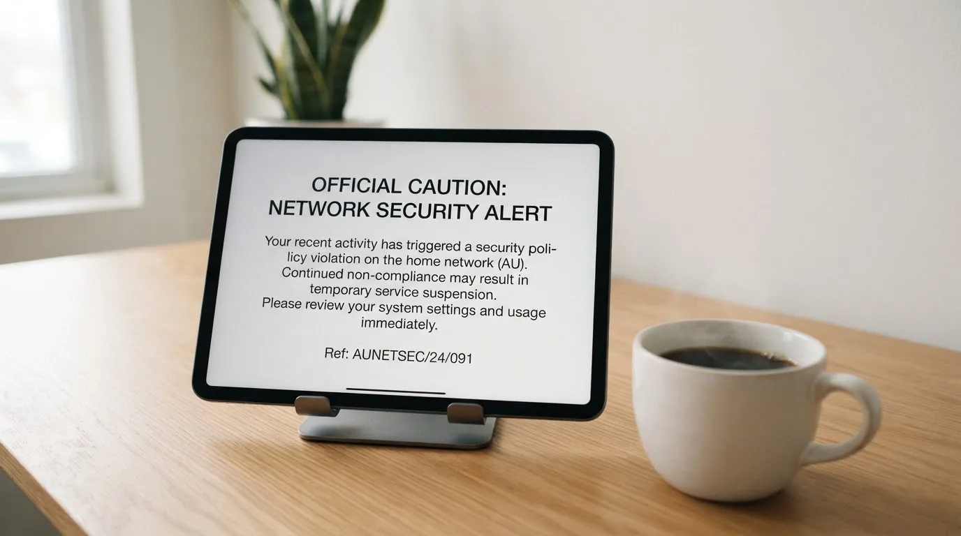 A tablet screen displaying an official regulator warning notice on a desk beside a coffee cup.