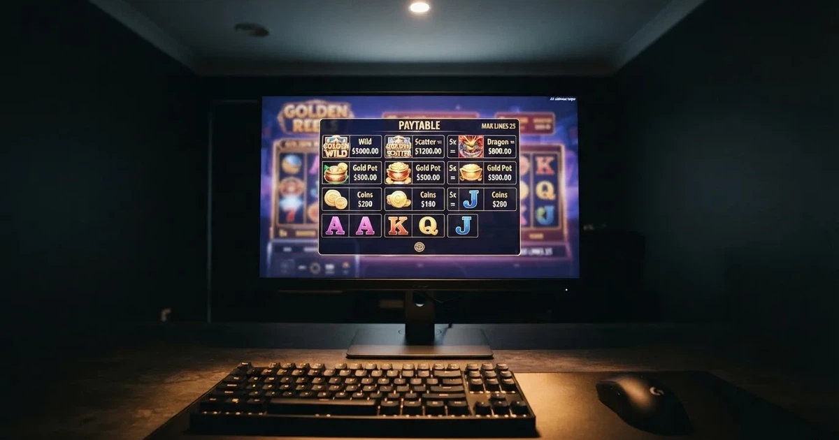 A slot machine's paytable screen glowing on a monitor in a dim room.