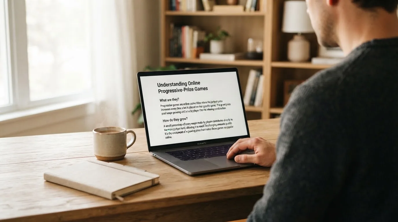 A person at a laptop reading a plain-language explainer article at a home desk.