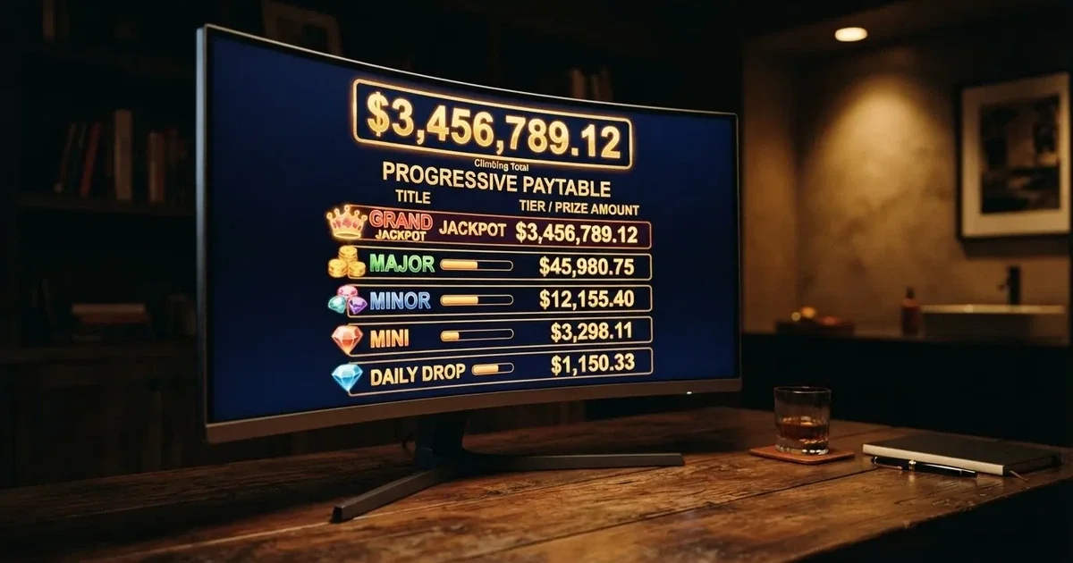 A slot machine's paytable screen glowing on a monitor in a dim room.