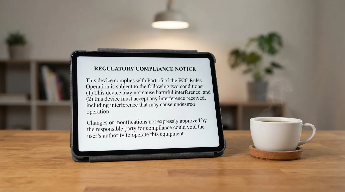 A tablet screen displaying an official regulator warning notice on a desk beside a coffee cup.