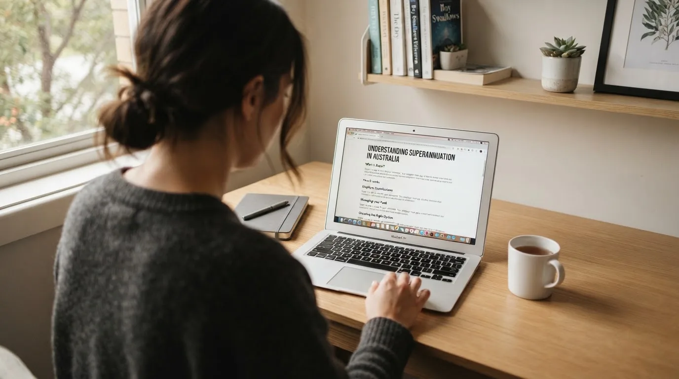 A person at a laptop reading a plain-language explainer article at a home desk.