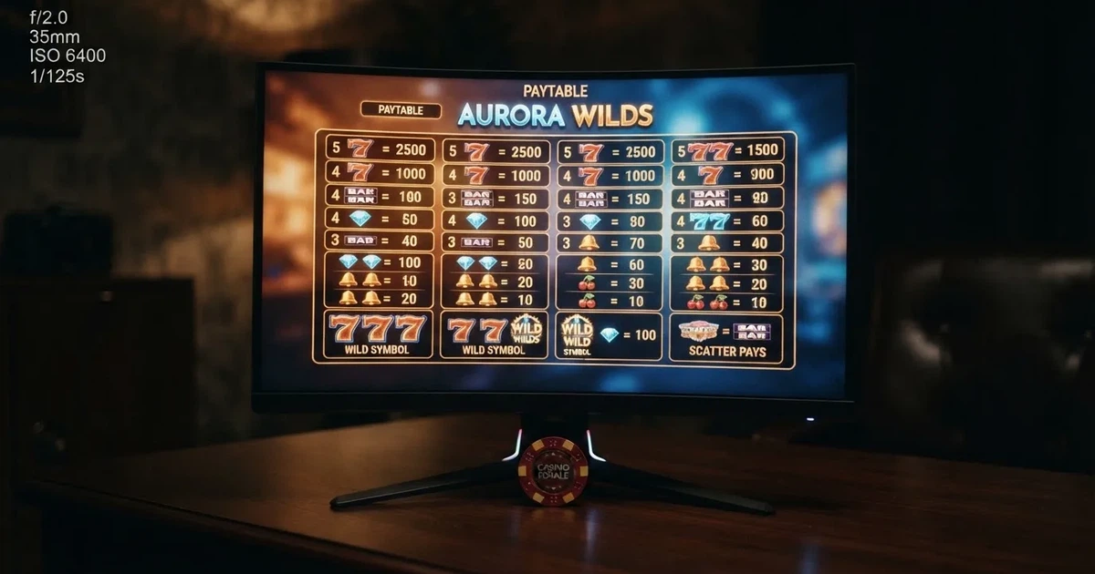 A slot machine's paytable screen glowing on a monitor in a dim room.