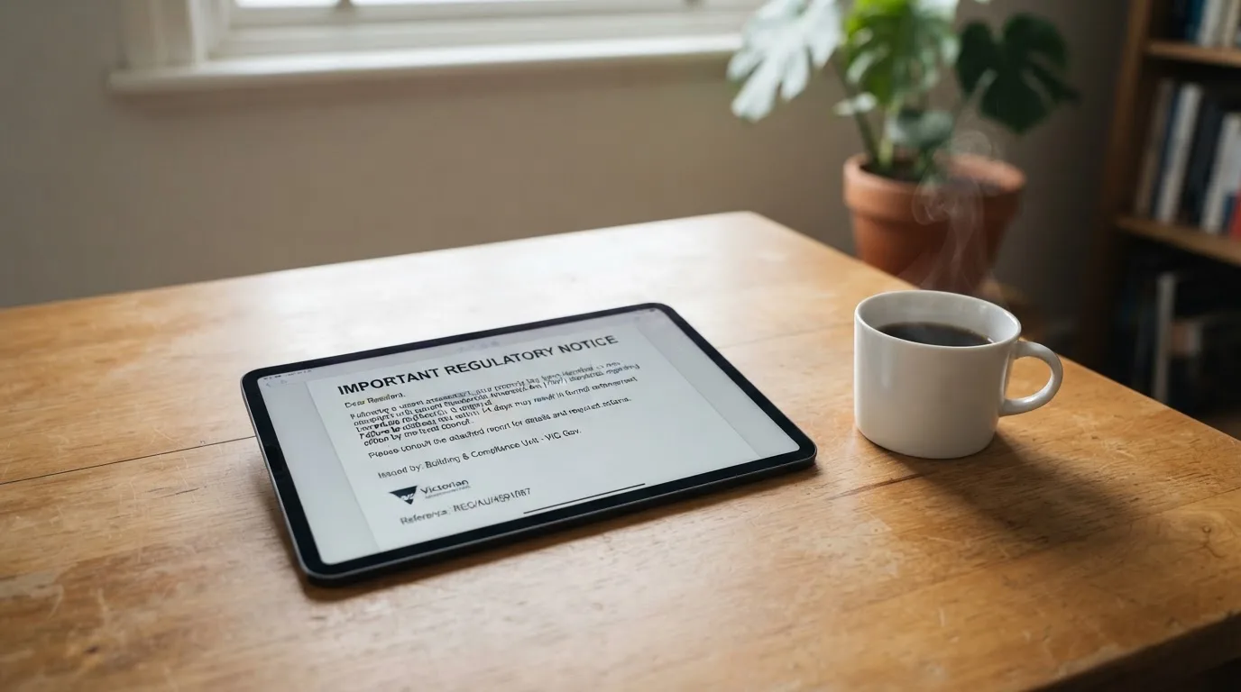 A tablet screen displaying an official regulator warning notice on a desk beside a coffee cup.