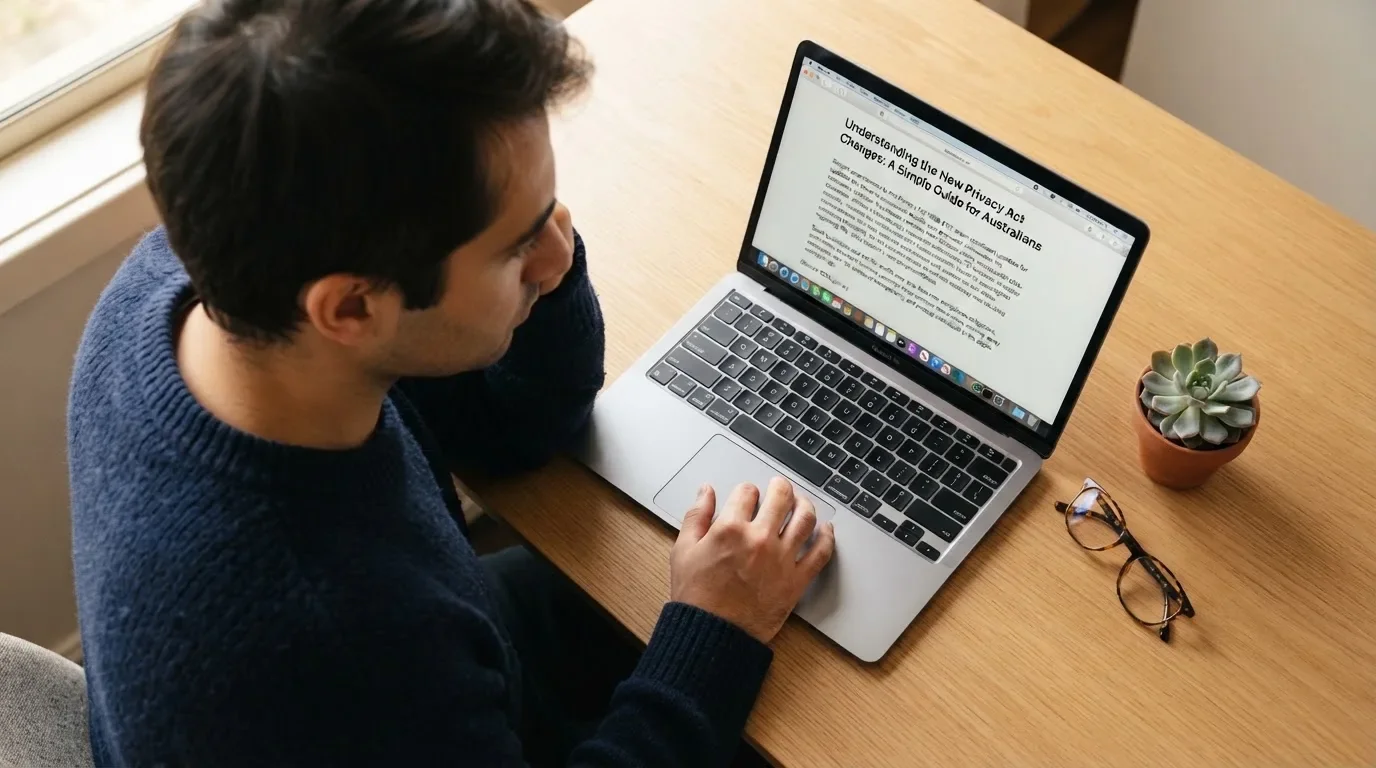 A person at a laptop reading a plain-language explainer article at a home desk.