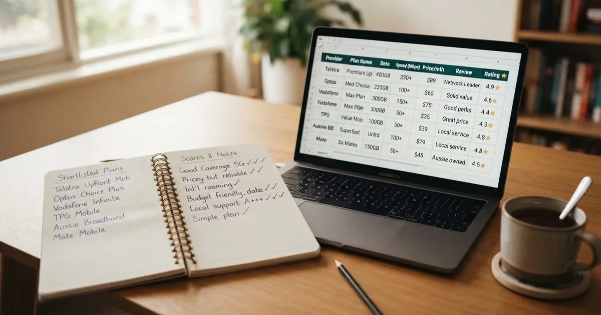 A notepad with a handwritten shortlist beside a laptop showing a comparison table.