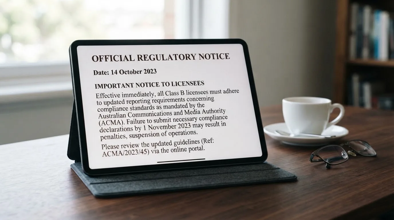 A tablet screen displaying an official regulator warning notice on a desk beside a coffee cup.