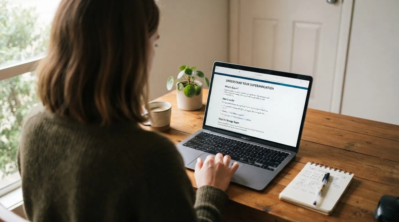 A person at a laptop reading a plain-language explainer article at a home desk.