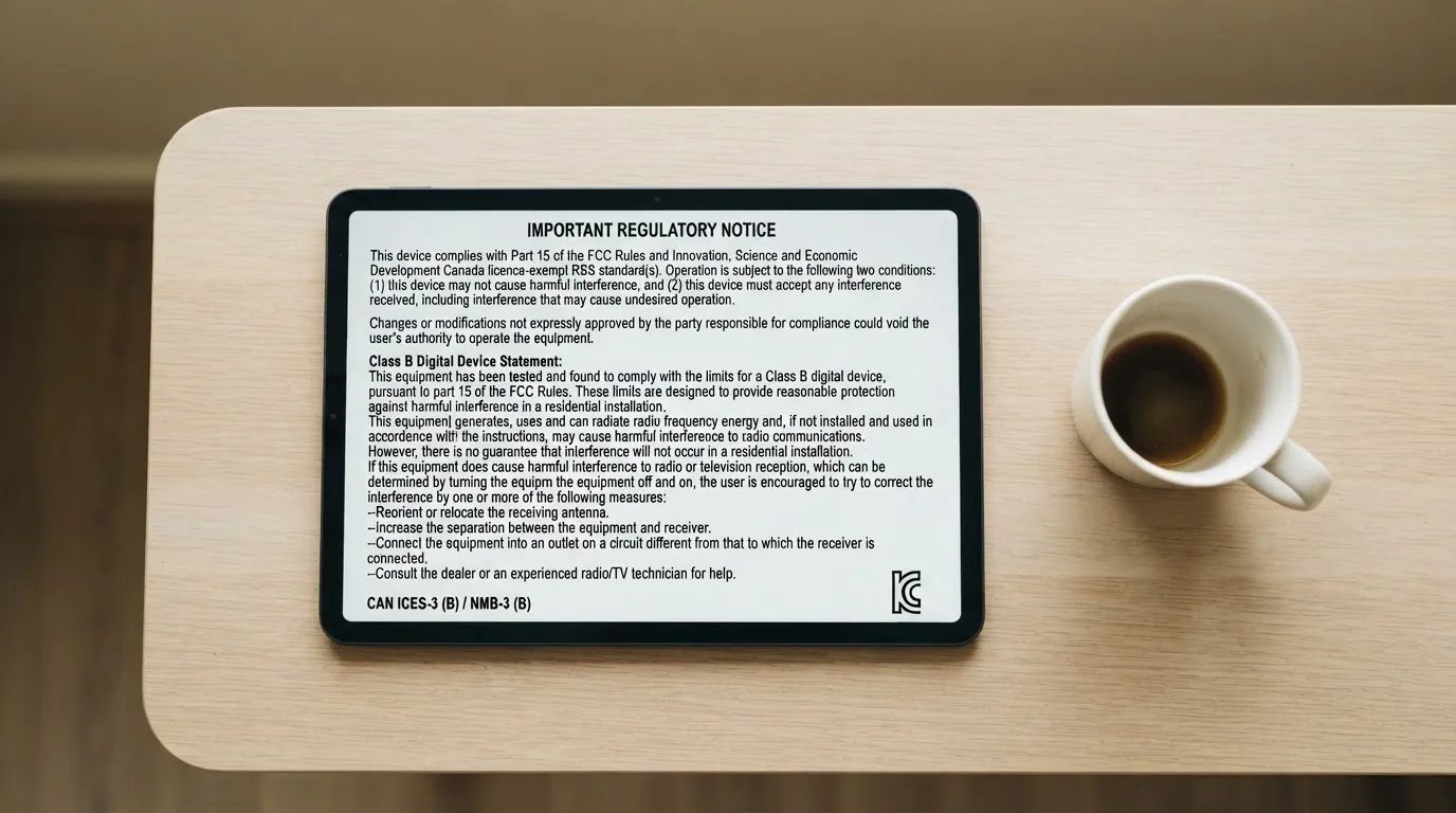 A tablet screen displaying an official regulator warning notice on a desk beside a coffee cup.