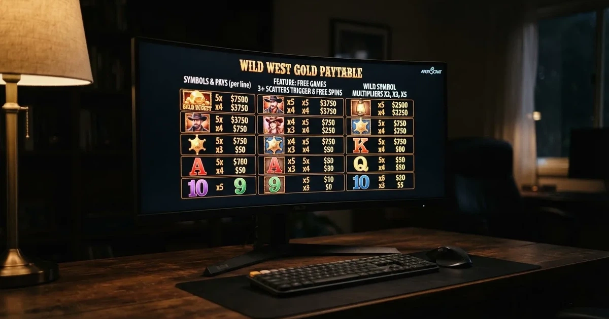 A slot machine's paytable screen glowing on a monitor in a dim room.