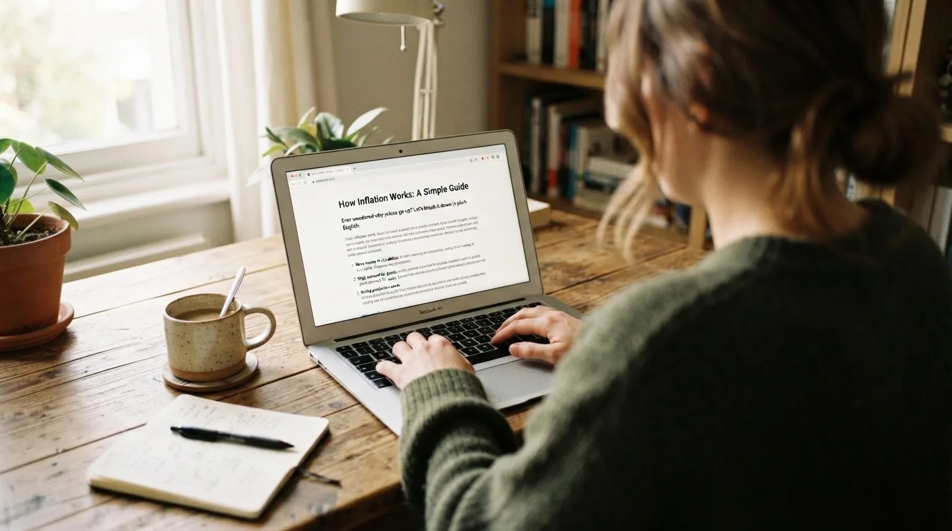 A person at a laptop reading a plain-language explainer article at a home desk.