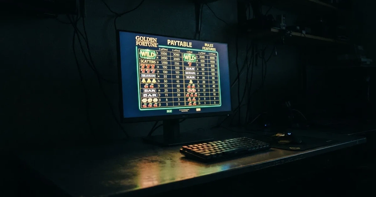 A slot machine's paytable screen glowing on a monitor in a dim room.